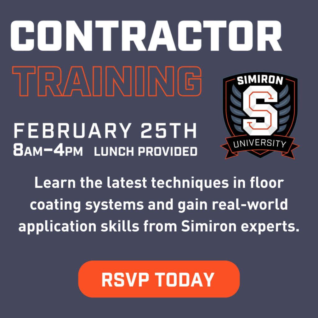 Simiron contractor training infographic. Training date Feb 25 from 8:00 am to 4:00 pm. Learn floor coating systems from experts.