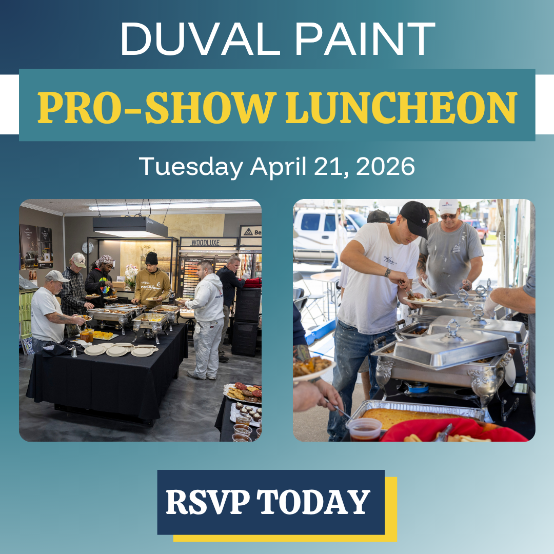 graphic for the april 21st pro show luncheon at the Jacksonville Beach Duval Paint Location from 11am to 1 pm
