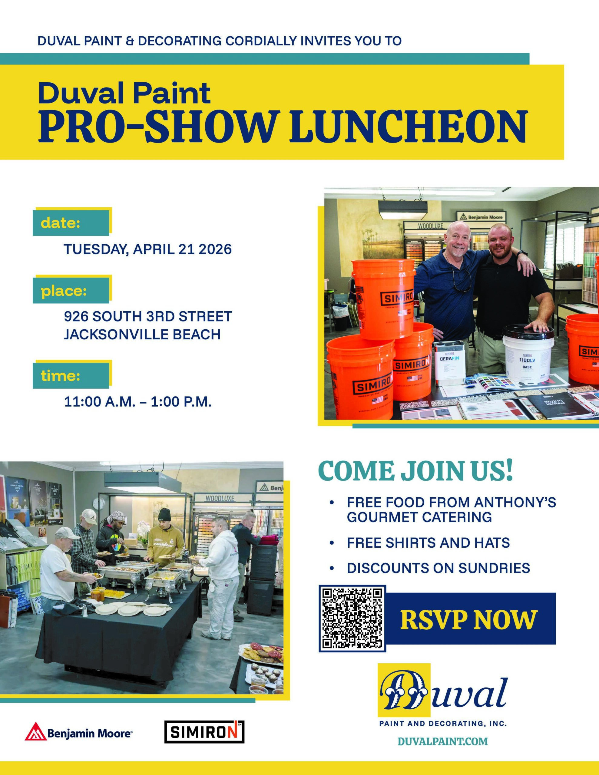 flyer for the spring contractor luncheon on April 21st, from 11 am to 1 pm at the Jacksonville Beach Duval Paint location
