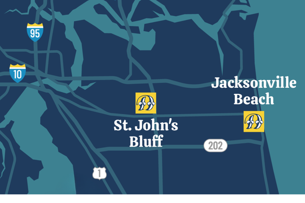 Duval Paint locations map around Jacksonville featuring the St. Johns and Beach locations