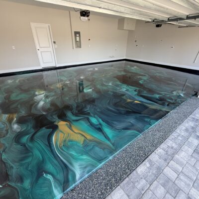 metallic flooring that is blue, black and gold