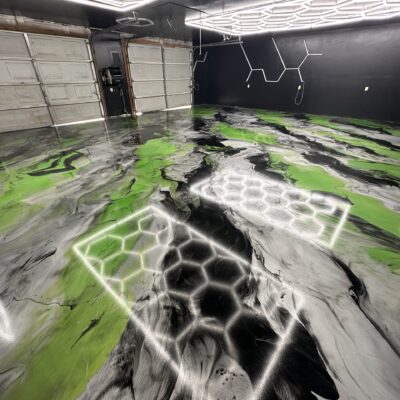 green, black, and white metallic garge flooring